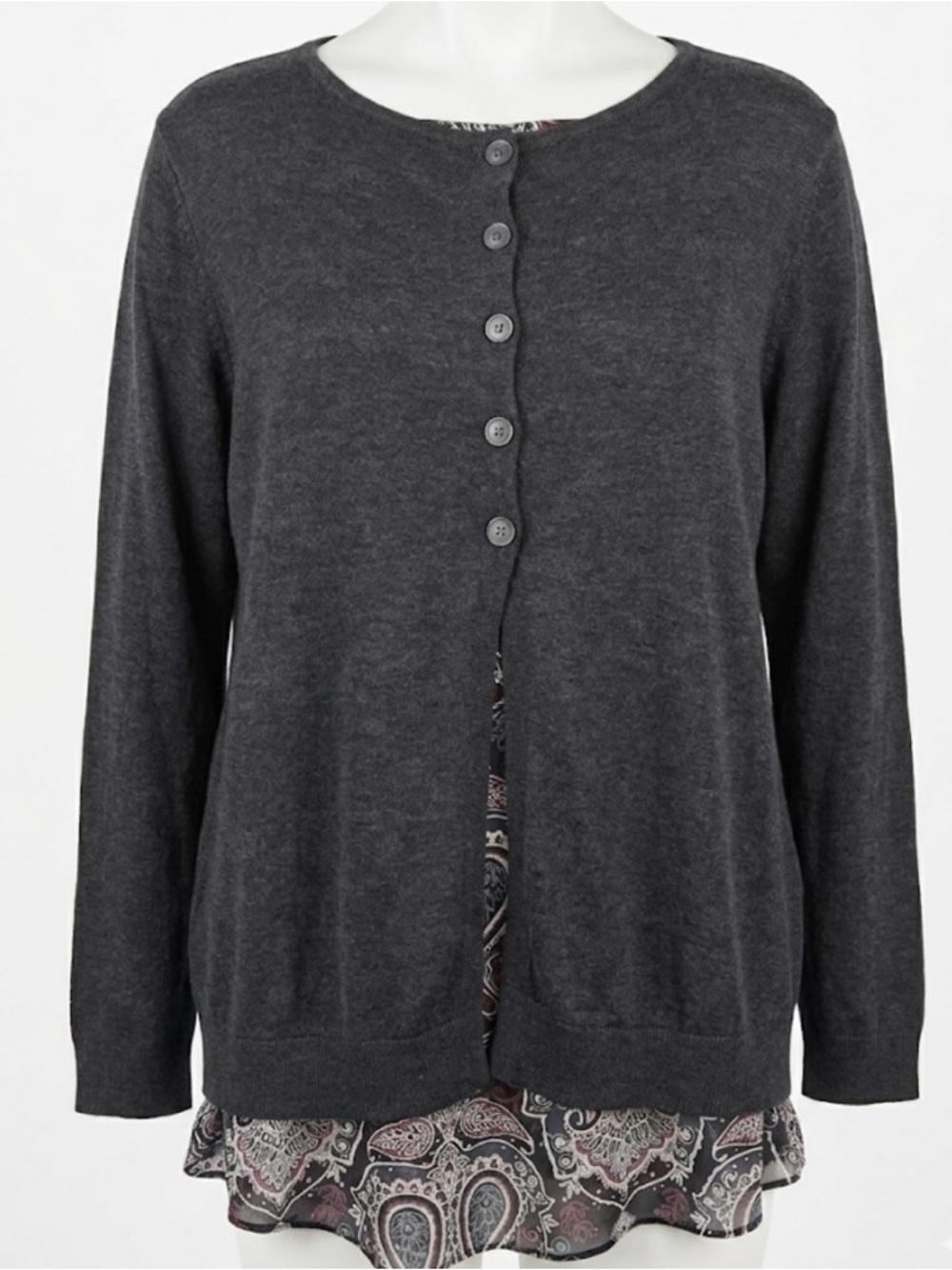 Apt. 9 Dark Gray Sweater with Paisley Layered Hem